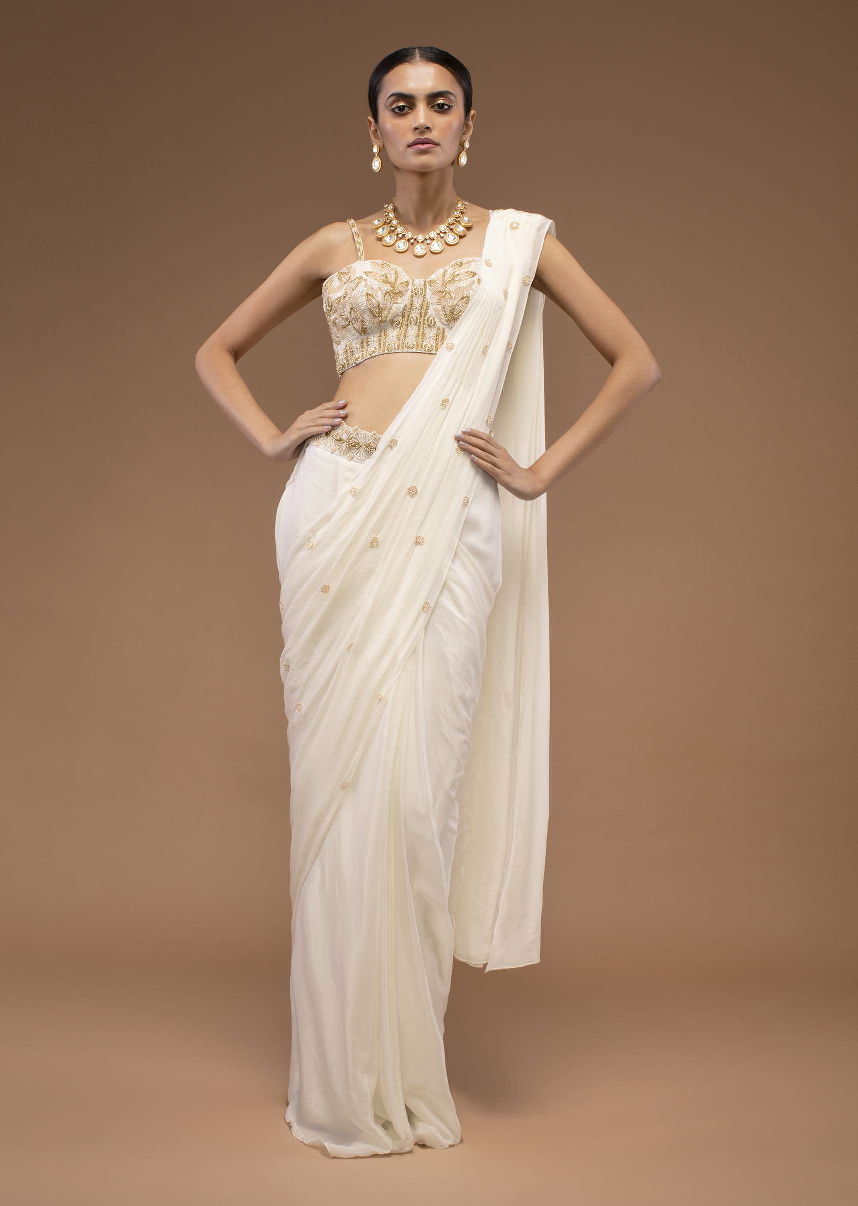 Cotton White Ready Pleated Saree With A Crop Top Set In Cut Dana Embroidery, Paired With The Spaghetti Straps With A Corset Neckline