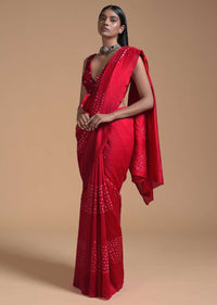 Cranberry Red Saree In Cotton With Bandhani In Geometric Design Online - Kalki Fashion