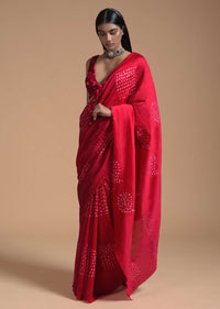 Cranberry Red Saree In Cotton With Bandhani In Geometric Design Online - Kalki Fashion