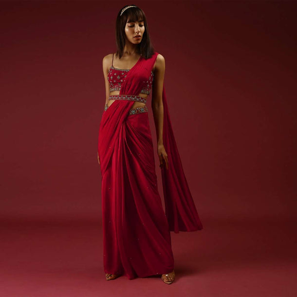 Cranberry Red Ready Pleated Saree With A Multicolored Hand Embroidered Blouse And Belt