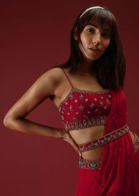 Cranberry Red Ready Pleated Saree With A Multicolored Hand Embroidered Blouse And Belt