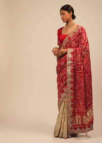 Cream And Red Half And Half Saree With Woven Zig Zag Stripes And Banghani Design On The Pallu