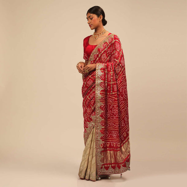 Cream And Red Half And Half Saree With Woven Zig Zag Stripes And Banghani Design On The Pallu