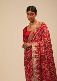 Cream And Red Half And Half Saree With Woven Zig Zag Stripes And Banghani Design On The Pallu