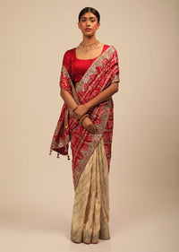 Cream And Red Half And Half Saree With Woven Zig Zag Stripes And Banghani Design On The Pallu