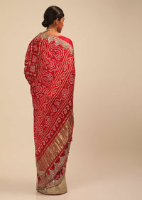 Cream And Red Half And Half Saree With Woven Zig Zag Stripes And Banghani Design On The Pallu