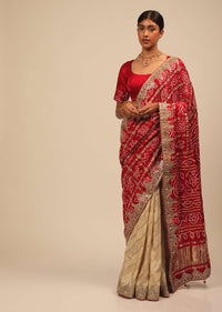 Cream And Red Half And Half Saree With Woven Zig Zag Stripes And Banghani Design On The Pallu