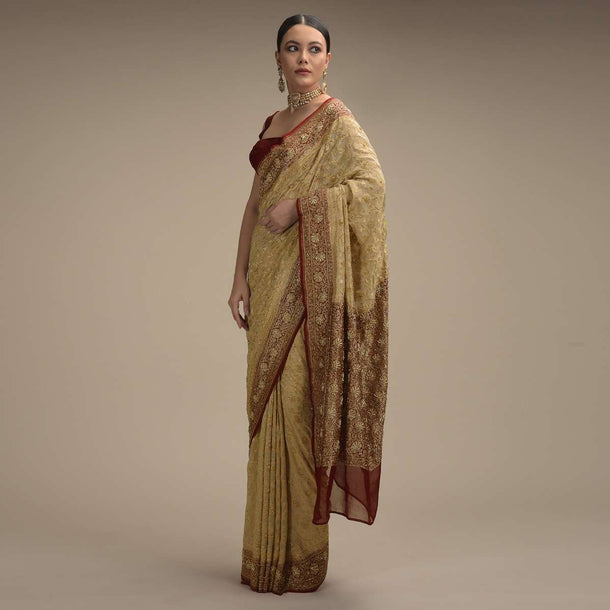 Cream Banarasi Saree In Georgette With Woven Floral Jaal And Maroon Border Along With Stone Accents Online - Kalki Fashion