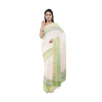 Cream banarasi saree with green floral printed border only on Kalki