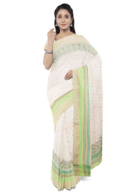 Cream banarasi saree with green floral printed border only on Kalki