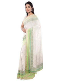 Cream banarasi saree with green floral printed border only on Kalki