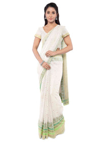 Cream banarasi saree with green floral printed border only on Kalki