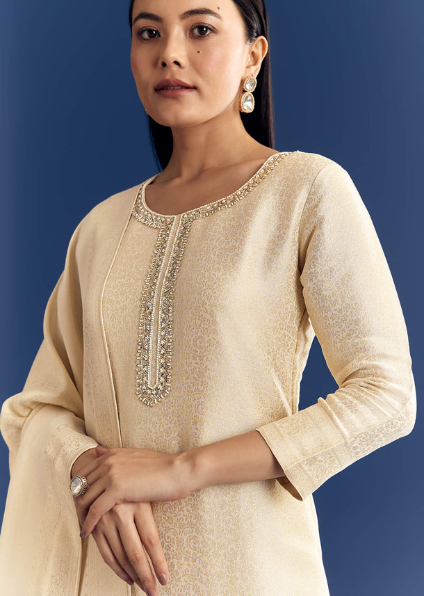 Cream Banarasi Tissue Kurta Set With Zardosi Neckline