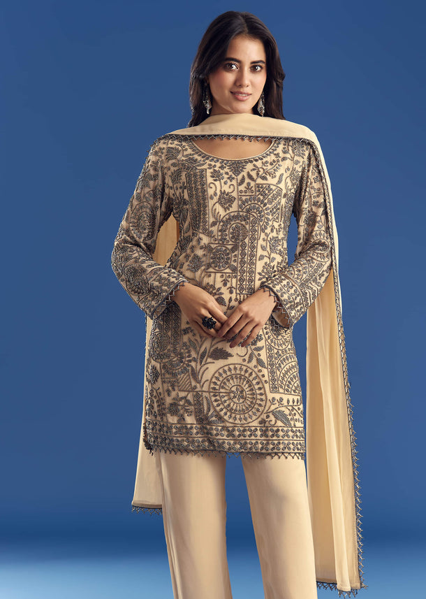 Cream Beaded Kurta Dupatta Set With Georgette Pant