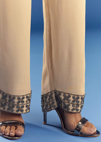 Cream Beaded Kurta Dupatta Set With Georgette Pant