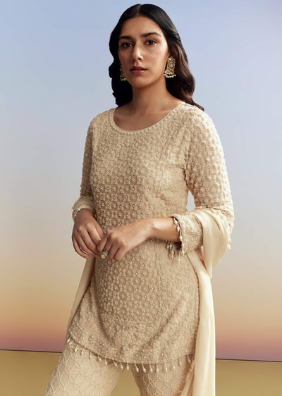 Cream Beaded Kurta Set with Dupatta