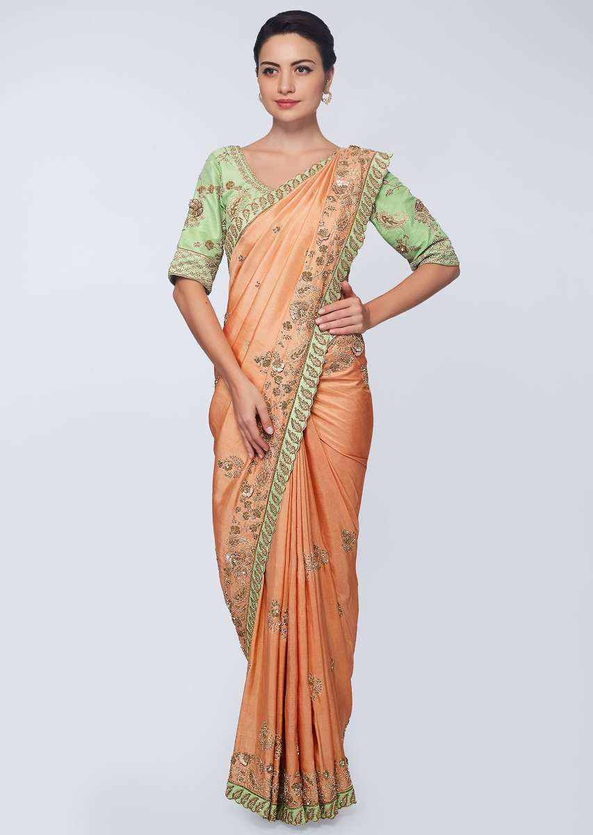 Cream beige cotton silk saree in with embroidered butti and border  in floral and paisley motif 