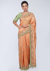 Cream beige cotton silk saree in with embroidered butti and border  in floral and paisley motif 