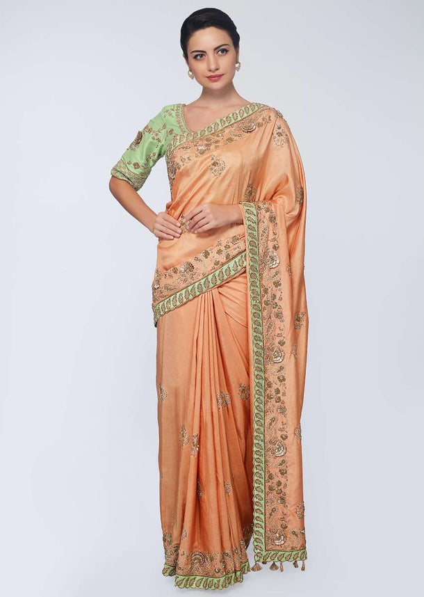 Cream beige cotton silk saree in with embroidered butti and border  in floral and paisley motif