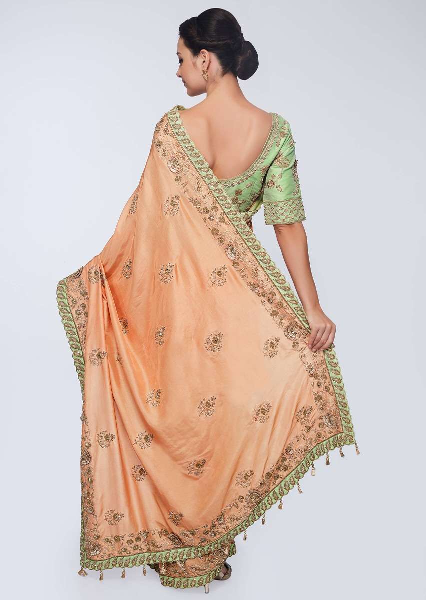 Cream beige cotton silk saree in with embroidered butti and border  in floral and paisley motif 