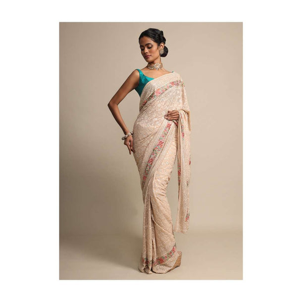 Cream Beige Georgette Saree With Thread Work All Over Online - Kalki Fashion