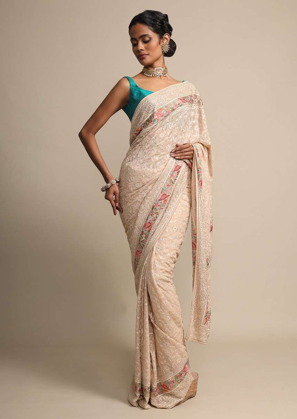 Cream Beige Georgette Saree With Thread Work All Over Online - Kalki Fashion