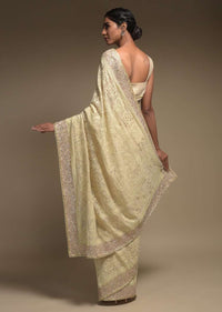 Cream Beige Saree In Georgette Adorned With Lucknowi Thread Embroidery In Floral Jaal Online - Kalki Fashion