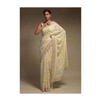 Cream Beige Saree In Georgette Adorned With Lucknowi Thread Embroidery In Floral Jaal Online - Kalki Fashion