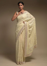 Cream Beige Saree In Georgette Adorned With Lucknowi Thread Embroidery In Floral Jaal Online - Kalki Fashion