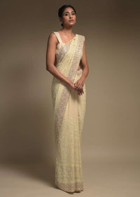 Cream Beige Saree In Georgette Adorned With Lucknowi Thread Embroidery In Floral Jaal Online - Kalki Fashion