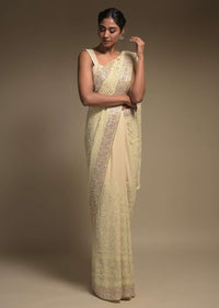 Cream Beige Saree In Georgette Adorned With Lucknowi Thread Embroidery In Floral Jaal Online - Kalki Fashion