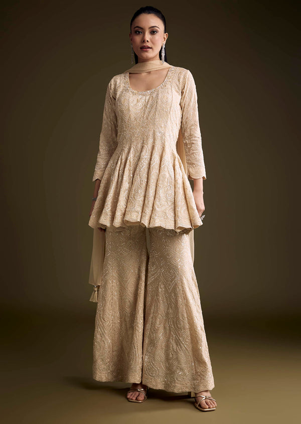 Cream Chinon Peplum Palazzo Set With Sequins And Resham Detail