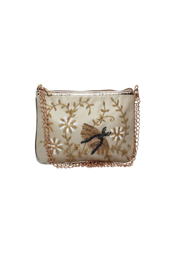 Cream Clutch In Silk With Sequins Embroidered Bee Motif By Pink Cocktail