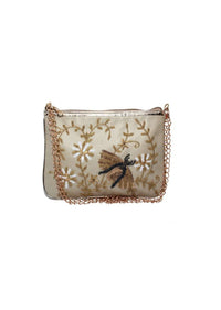 Cream Clutch In Silk With Sequins Embroidered Bee Motif By Pink Cocktail