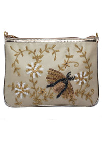 Cream Clutch In Silk With Sequins Embroidered Bee Motif By Pink Cocktail