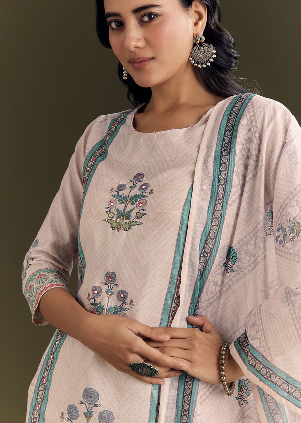 Cream Cotton Block Print Kurta Pant With Dupatta