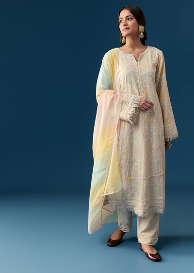 Cream Cotton Kurta Set With Thread Work