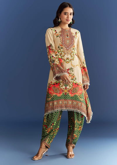 Cream Cotton Muslin Printed Asymmetrical Kurta Dhoti