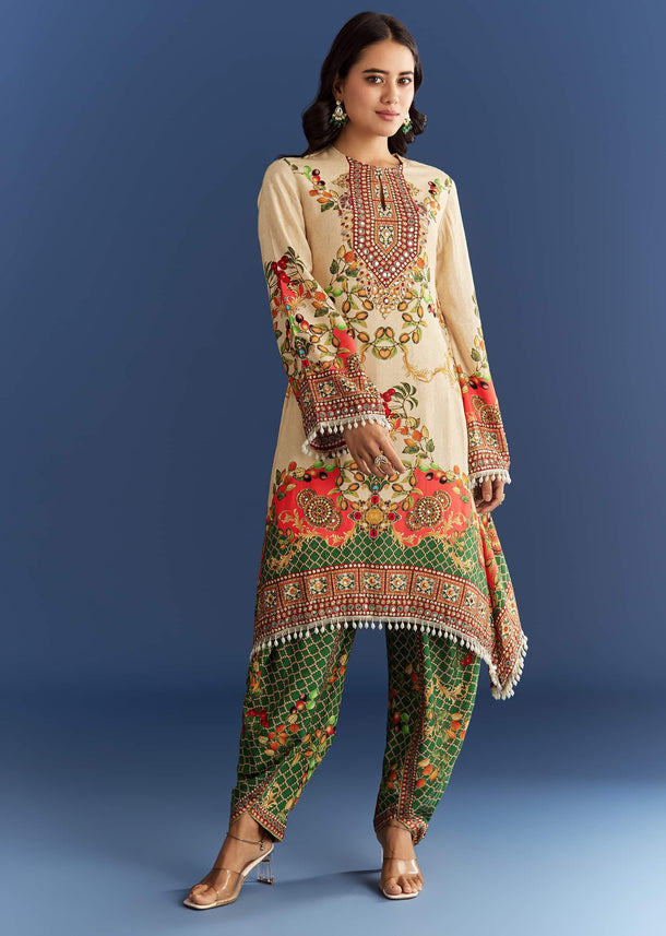 Cream Cotton Muslin Printed Asymmetrical Kurta Dhoti