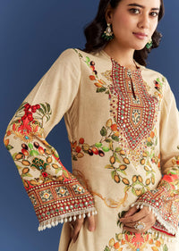 Cream Cotton Muslin Printed Asymmetrical Kurta Dhoti