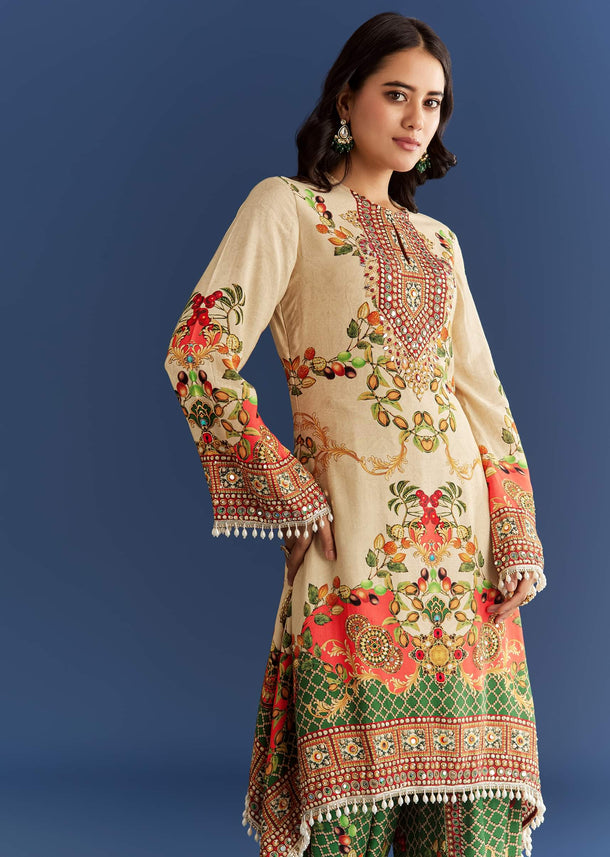 Cream Cotton Muslin Printed Asymmetrical Kurta Dhoti