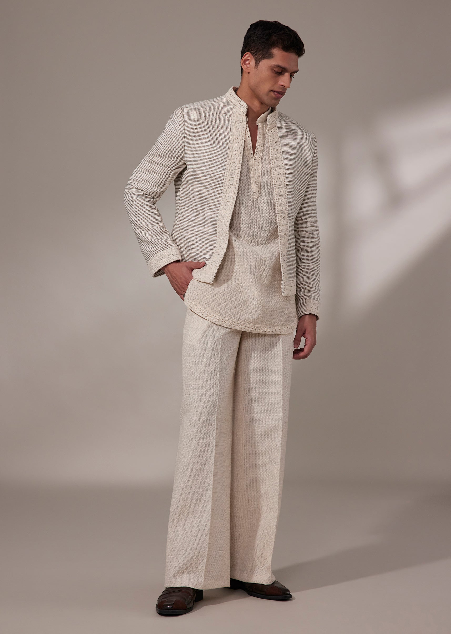 Cream Crochet Indo Western Set With Textured Jacket