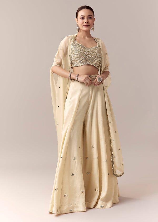 Cream Crop Top Pants Indo Western With Mirror Cut Dana Work