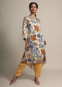 Cream Digital Floral Printed Top With Contrasting Golden Pants