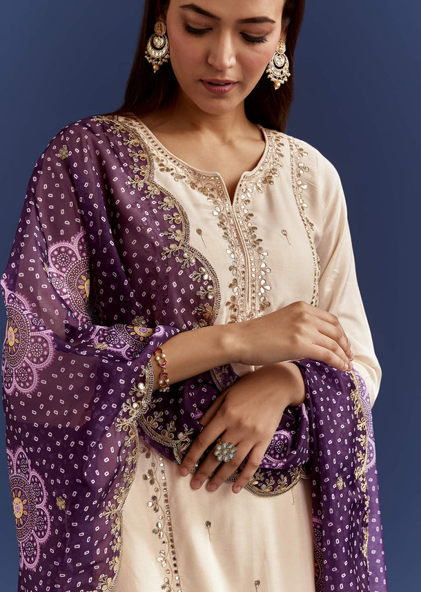 Cream Dola Silk Kurta With Gotta Work And Bandhani Purple Dupatta