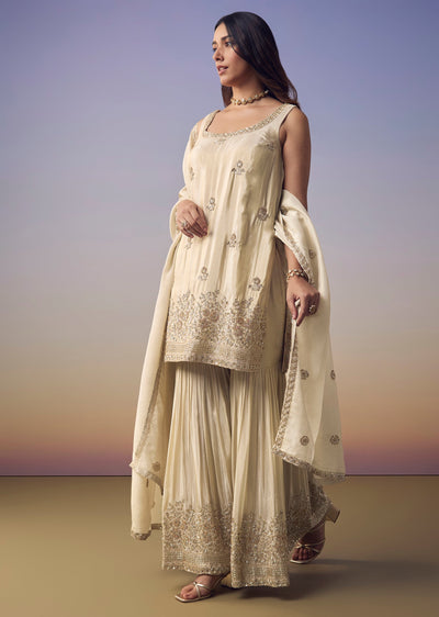 Cream Embroidered Kurta Sharara Set