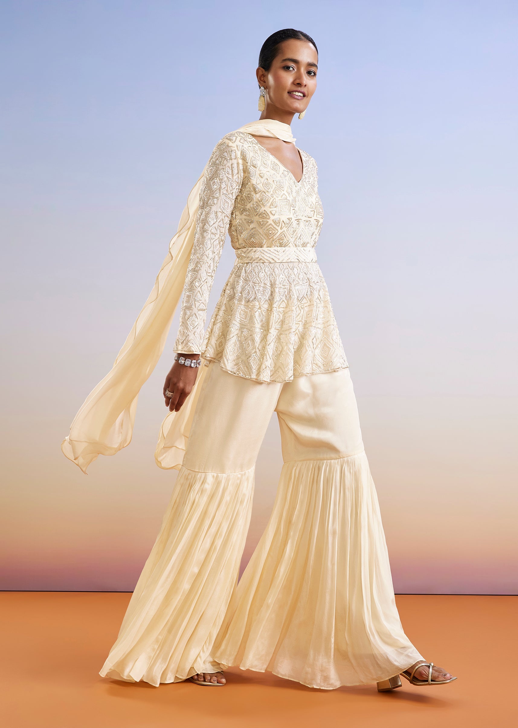 Buy Cream Embroidered Peplum Sharara Suit With Dupatta And Belt