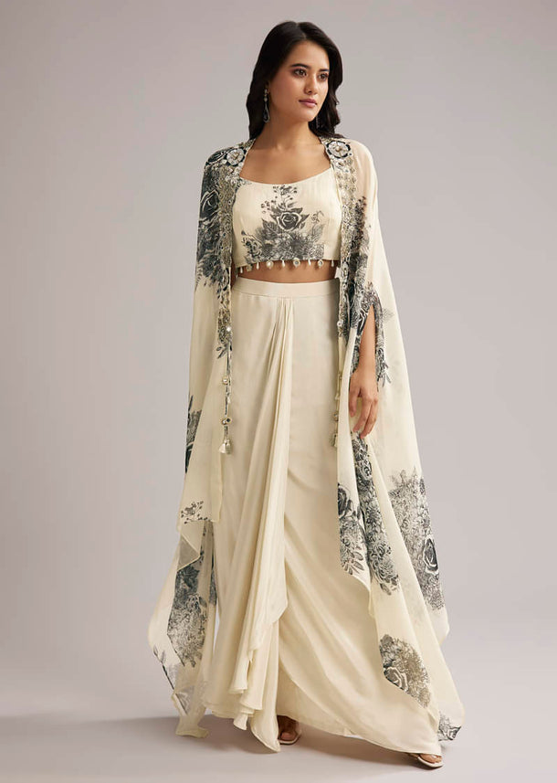 Cream Floral Cape Set With Crop Top And Skirt