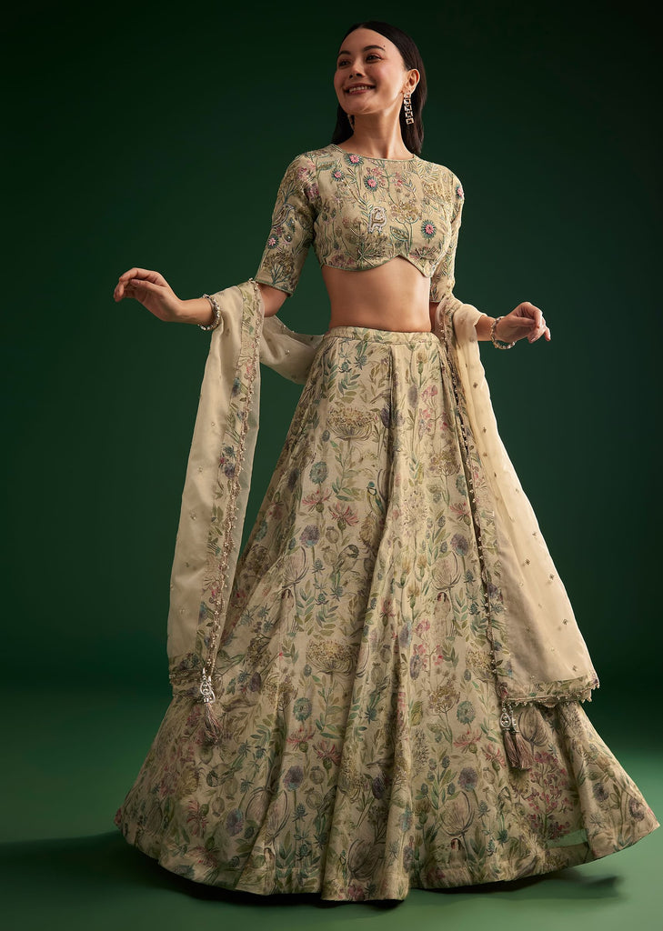 Cream Floral Lehenga Choli With Organza Dupatta