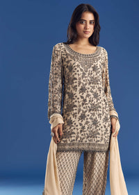 Cream Georgette Fully Beaded Kurta Pant Set With Dupatta